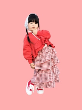 「Birthday（バースデイ）の1639yen（パーカー、レッド系）」を使った、kana♡さん（キッズ・100cm）の春コーディネート