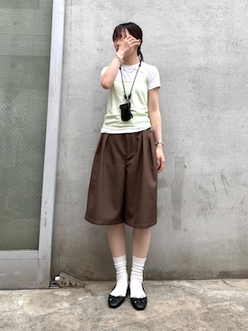 「CIAOPANIC TYPY（チャオパニックティピー）の【UNISEX】タックワイドスラックスハーフパンツ（その他パンツ、ブラウン系）」を使った、tntun0さん（レディース・166cm）の夏コーディネート
