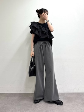 「CIAOPANIC TYPY（チャオパニックティピー）のZOZO限定アシメフリルデザインカットソー（Tシャツ/カットソー、ブラック系）」を使った、tntun0さん（レディース・166cm）の夏コーディネート