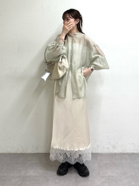 「CIAOPANIC TYPY（チャオパニックティピー）のテンセルシアーアソート柄バンドカラーシャツ（シャツ/ブラウス、グリーン系）」を使った、tntun0さん（レディース・166cm）の春コーディネート