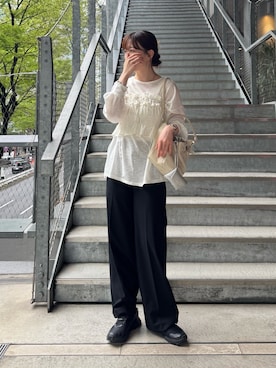 「CIAOPANIC TYPY（チャオパニックティピー）のシアーボーダーロンTee（Tシャツ/カットソー、ホワイト系）」を使った、tntun0さん（レディース・166cm）の春コーディネート