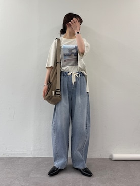 「CIAOPANIC TYPY（チャオパニックティピー）のオーガンジーシアードッキングプリントTEE（Tシャツ/カットソー、ホワイト系）」を使った、tntun0さん（レディース・166cm）の春コーディネート