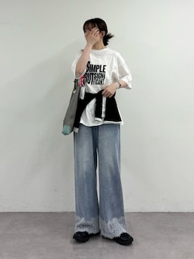 「CIAOPANIC TYPY（チャオパニックティピー）の【UNISEX】【プラスサイズあり】スラブ天竺ピグメントロゴTEE（Tシャツ/カットソー、ホワイト系）」を使った、tntun0さん（レディース・166cm）の春コーディネート