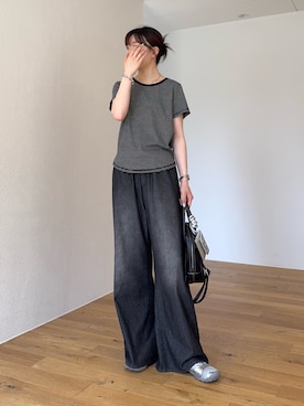 「CIAOPANIC TYPY（チャオパニックティピー）のZOZO限定ピンボーダーリンガーTee（Tシャツ/カットソー、ブラック系）」を使った、tntun0さん（レディース・166cm）の夏コーディネート