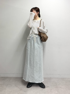 「CIAOPANIC TYPY（チャオパニックティピー）の2WAYシアーヘンリーネックTEE（Tシャツ/カットソー、ホワイト系）」を使った、tntun0さん（レディース・166cm）の春コーディネート