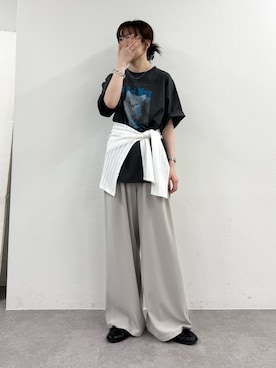 「CIAOPANIC TYPY（チャオパニックティピー）の【UNISEX】【プラスサイズあり】DOG＆CATアソートロゴプリントTee（Tシャツ/カットソー、グレー系）」を使った、tntun0さん（レディース・166cm）の春コーディネート
