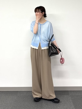 「CIAOPANIC TYPY（チャオパニックティピー）の2wayレイヤードライク配色5分袖シアーニットカーデ（カーディガン/ボレロ、ブルー系）」を使った、tntun0さん（レディース・166cm）の春コーディネート