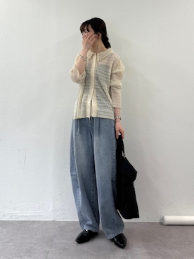 「CIAOPANIC TYPY（チャオパニックティピー）の襟付きプリーツカットレースシアーカーデ（シャツ/ブラウス、ホワイト系）」を使った、tntun0さん（レディース・166cm）の春コーディネート