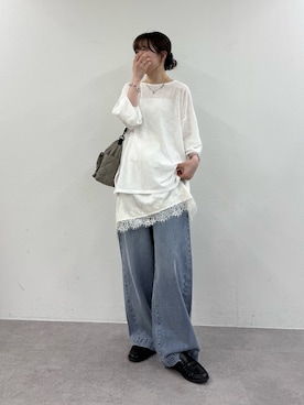 「CIAOPANIC TYPY（チャオパニックティピー）のシアーボーダーロンTee（Tシャツ/カットソー、ホワイト系）」を使った、tntun0さん（レディース・166cm）の春コーディネート