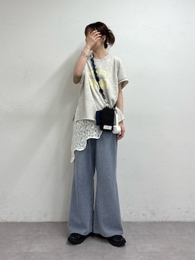 「CIAOPANIC TYPY（チャオパニックティピー）のアシッド加工裏毛フレンチスリーブロゴトップス（Tシャツ/カットソー、グレー系）」を使った、tntun0さん（レディース・166cm）の春コーディネート