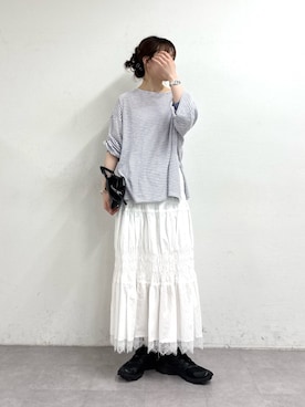 「CIAOPANIC TYPY（チャオパニックティピー）のシアーボーダーロンTee（Tシャツ/カットソー、ブルー系）」を使った、tntun0さん（レディース・166cm）の春コーディネート