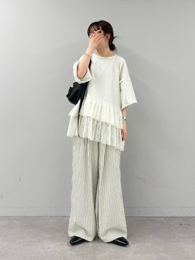 「CIAOPANIC TYPY（チャオパニックティピー）の【UNISEX】【プラスサイズあり】ストライプイージーパジャマパンツ（その他パンツ、ホワイト系）」を使った、tntun0さん（レディース・166cm）の春コーディネート