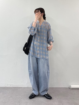 「CIAOPANIC TYPY（チャオパニックティピー）のテンセルシアーアソート柄バンドカラーシャツ（シャツ/ブラウス、ブルー系）」を使った、tntun0さん（レディース・166cm）の春コーディネート