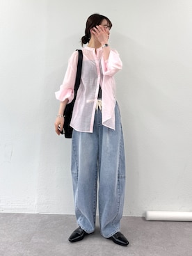 「CIAOPANIC TYPY（チャオパニックティピー）の【冷房対策/体型カバー】シアーバンドカラーシャツ（シャツ/ブラウス、ピンク系）」を使った、tntun0さん（レディース・166cm）の春コーディネート