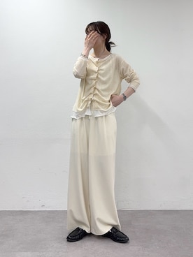 「CIAOPANIC TYPY（チャオパニックティピー）のフロントタックレイヤードライクメランジリブカーデ（Tシャツ/カットソー、イエロー系）」を使った、tntun0さん（レディース・166cm）の春コーディネート