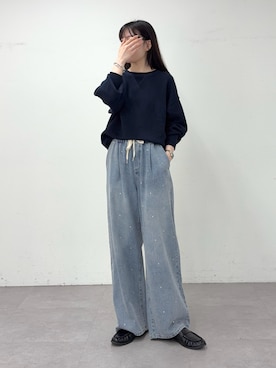 「CIAOPANIC TYPY（チャオパニックティピー）の∴【10/3～10/7までぽっきり価格3000円！】綿100％で洗える/16色展開/すっきり見えスウェットライクニット（ニット/セーター、ブルー系）」を使った、tntun0さん（レディース・166cm）の秋コーディネート
