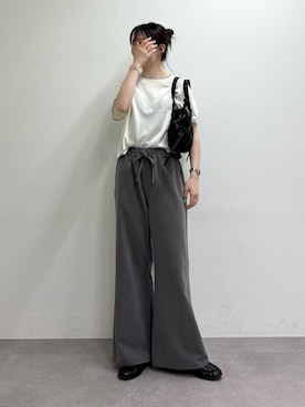 「CIAOPANIC TYPY（チャオパニックティピー）の【接触冷感/二の腕カバーも叶う◎】配色ラグラン半袖ニットTee（ニット/セーター、ホワイト系）」を使った、tntun0さん（レディース・166cm）の夏コーディネート