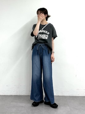 「CIAOPANIC TYPY（チャオパニックティピー）のアシッド加工裏毛フレンチスリーブロゴトップス（Tシャツ/カットソー、グレー系）」を使った、tntun0さん（レディース・166cm）の春コーディネート