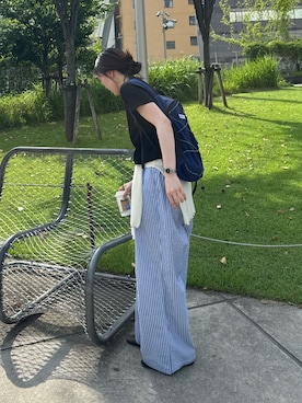「CIAOPANIC TYPY（チャオパニックティピー）の【UNISEX】【プラスサイズあり】ストライプシアサッカーイージーパンツ（その他パンツ、ブルー系）」を使った、tntun0さん（レディース・166cm）の夏コーディネート