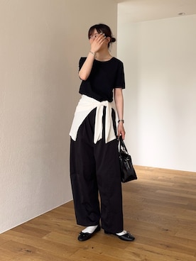 「CIAOPANIC TYPY（チャオパニックティピー）の【ZOZO限定】サテンパイピングリブTee（Tシャツ/カットソー、ブラック系）」を使った、tntun0さん（レディース・166cm）の夏コーディネート