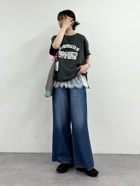 「CIAOPANIC TYPY（チャオパニックティピー）のアシッド加工裏毛フレンチスリーブロゴトップス（Tシャツ/カットソー、グレー系）」を使った、tntun0さん（レディース・166cm）の春コーディネート