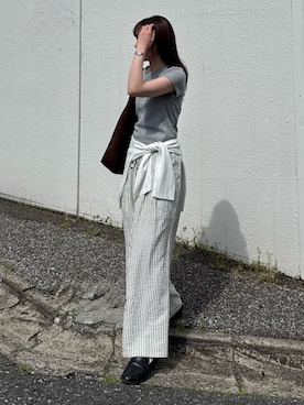 「CIAOPANIC TYPY（チャオパニックティピー）の【UNISEX】【プラスサイズあり】ストライプイージーパジャマパンツ（その他パンツ、ホワイト系）」を使った、tntun0さん（レディース・166cm）の春コーディネート