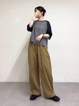 「CIAOPANIC TYPY（チャオパニックティピー）の【2WAY】シアーラグランヘンリーネックTee（Tシャツ/カットソー、グレー系）」を使った、tntun0さん（レディース・166cm）の夏コーディネート