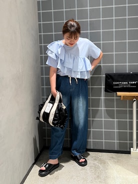 「THEATRE PRODUCTS（シアタープロダクツ）のアイテム（トートバッグ）」を使った、fujikurayuiiさん（レディース・157cm）の夏コーディネート