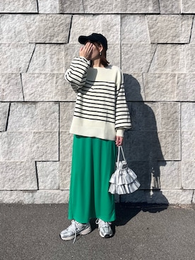 「GeeRA（ジーラ）の【新色追加/S-LL】春にぴったり！ハーフジップニットプルオーバー（ニット/セーター、ホワイト系）」を使った、renge_wearさん（レディース・163cm）の春コーディネート