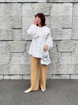 「reca（レカ）のボリューム袖マオカラーブロードシャツ（シャツ/ブラウス、ホワイト系）」を使った、renge_wearさん（レディース・163cm）の冬コーディネート