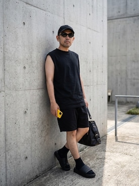 「UNIQLO（ユニクロ）のアイテム（メガネ、ブラック系）」を使った、アカギアーキテクツ一級建築士事務所さん（メンズ・169cm）の夏コーディネート