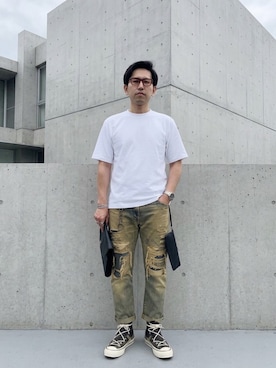 「GU（ジーユー）のアイテム（Tシャツ/カットソー、ホワイト系）」を使った、A1さん（メンズ・169cm）の春コーディネート