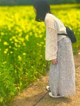「hinari（ヒナリ）のレースメッシュ2WAYプルオーバー（Tシャツ/カットソー、ホワイト系）」を使った、ふーさん（レディース・159cm）の春コーディネート