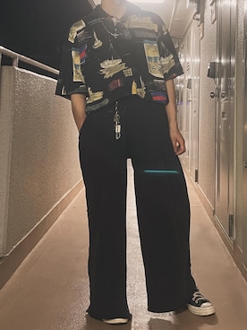 「CALLNE（カルネ）の【CALLNE】2tuck Cutoff Sweat Slacks / 2タックカットオフ スウェットスラックス（セットアップ対応）（スウェットパンツ、ブラック系）」を使った、HRさん（メンズ・165cm）の春コーディネート