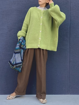 「Shelly island（シェリーアイランド）のボリュームクルーネックカーディガン（カーディガン/ボレロ）」を使った、ミドリ🐎🐎🐎さん（レディース・160cm）の秋コーディネート