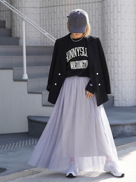 「Champion（チャンピオン）の【新色追加】【Champion】ロゴロンＴ（Tシャツ/カットソー）」を使った、ミドリ🐎🐎🐎さん（レディース・160cm）の冬コーディネート