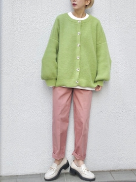 「Shelly island（シェリーアイランド）のボリュームクルーネックカーディガン（カーディガン/ボレロ）」を使った、ミドリ🐎🐎🐎さん（レディース・160cm）の冬コーディネート