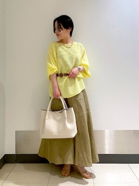 「BARNYARDSTORM（バンヤードストーム）のBARNYARDSTORM / スライドバックルレザーベルト（ベルト、イエロー系）」を使った、Hiyoさん（レディース）の春コーディネート