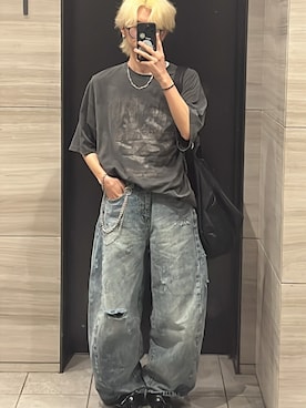 「Confirm（コンファーム）の25SS ヴィンテージライク ロックプリント レトロ ピグメント加工 ビッグシルエット半袖バンドTシャツ カットソー メンズ レディース【Confirm】（Tシャツ/カットソー）」を使った、ko-kiさん（メンズ・175cm・10代）の夏コーディネート