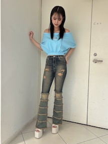 ハイウエストTIERED FRINGEフレアデニムパンツ ジェイダ GYDA ハイウエストTIERED FRINGEフレアデニムパンツ