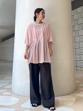 「KBF（ケイビーエフ）のランダムタックボーダーTEE（Tシャツ/カットソー、ピンク系）」を使った、サリーさん（レディース・151cm）の夏コーディネート