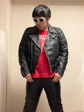 「バンドT」｜「アイテム（ライダースジャケット）」を使った、dateoさん（メンズ・174cm）の秋コーディネート