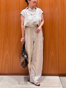 「qualite（カリテ）の【セットアップ対応】キュプラストライプパンツ（その他パンツ）」を使った、kana@qualiteさん（レディース・152cm）の夏コーディネート