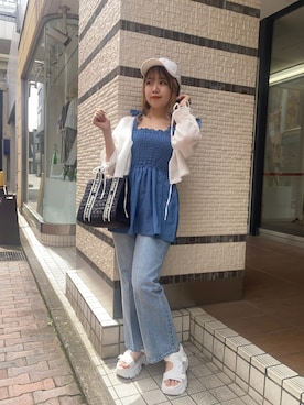 「one after another NICE CLAUP（ワンアフターアナザーナイスクラップ）のアイテム（キャップ）」を使った、Emi【骨格ウェーブ/ブルベ冬】さん（レディース・152cm）の夏コーディネート