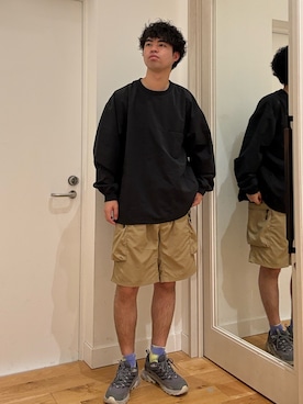 「EKAL（エカル）の『吸水速乾/通気性/軽量』DOT AIR LONG-SLEEVE PULLOVER（Tシャツ/カットソー、ブラック系）」を使った、にのさんさん（メンズ・178cm）の夏コーディネート