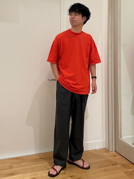 「EKAL（エカル）のMINE　DUCT TAPE T-SHIRTS（Tシャツ/カットソー、オレンジ系）」を使った、にのさんさん（メンズ・178cm）の夏コーディネート