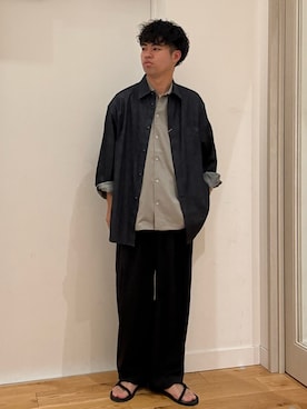 「EKAL（エカル）の『別注』White Mountaineering×EKAL　MID GUSSET SLEEVE EYELET POCKET SHIRTS（シャツ/ブラウス、ブルー系）」を使った、にのさんさん（メンズ・178cm）の夏コーディネート