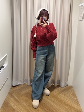 「FREE'S MART（フリーズマート）の◆パール付きケーブルショート丈ニット（ニット/セーター）」を使った、narunaさん（レディース・159cm）の秋コーディネート