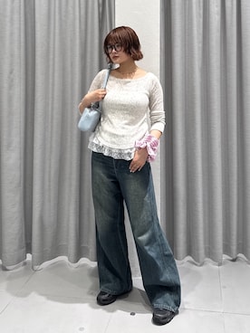 「FREE'S MART（フリーズマート）の◆メランジドロストレースティアードキャミセット（Tシャツ/カットソー、ホワイト系）」を使った、narunaさん（レディース・159cm）の春コーディネート
