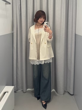 「FREE'S MART（フリーズマート）の【3サイズ展開XS-L】サイドパネルヴィンテージライクワイドデニム【低身長サイズ有】（デニムパンツ、ブルー系）」を使った、narunaさん（レディース・159cm）の夏コーディネート